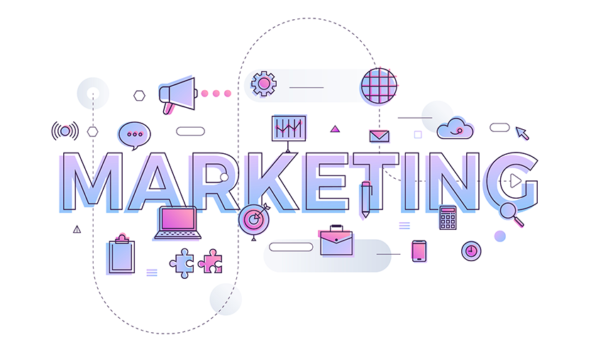 Image sur le marketing digital, texte "marketing" et pictogrammes, dégradé de couleurs bleu et rose