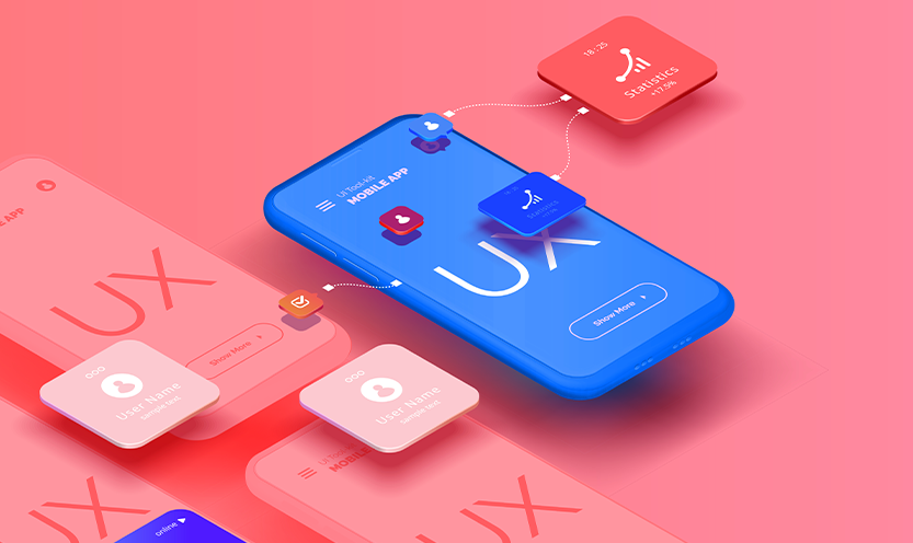 Smartphone avec écrit UX design sur fond rose